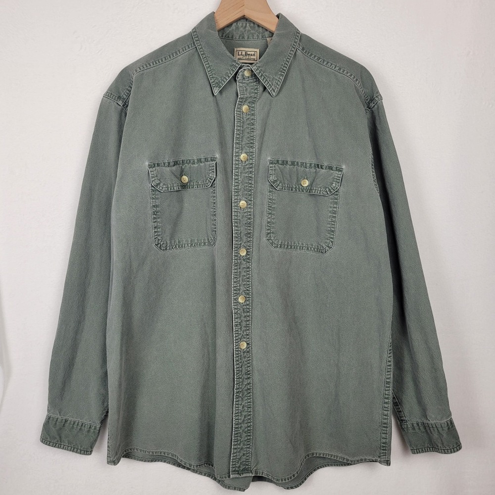 VTG 90s LL Bean Green Sunwashed Canvas Double Pocket Button Down Shirt L Cotton